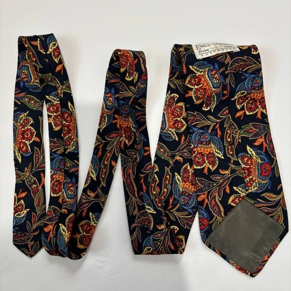 Emilio Sandrini Kreymborg Vintage Navy Orange 100% silk paisley brocade Neck Tie